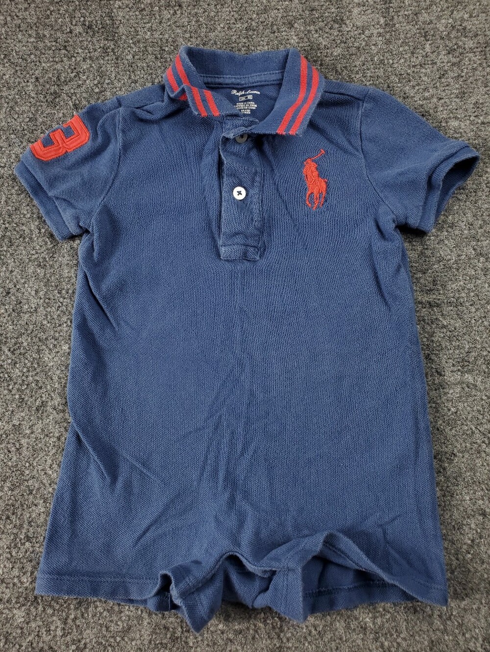 Ralph Lauren Big Pony Mesh Polo Shortall 12M Navy Red 3 Infant Onesie One Piece